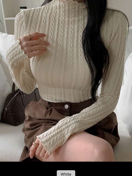 Tops - Cream Cable Knit Long Sleeve Crop Top